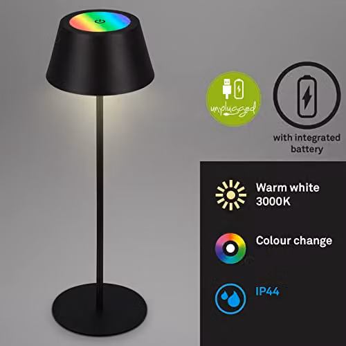 Briloner Black RGB LED Rechargeable Table Lamp with Touch Control and Adjustable Height, IP44 Waterproof Outdoor Light – 2