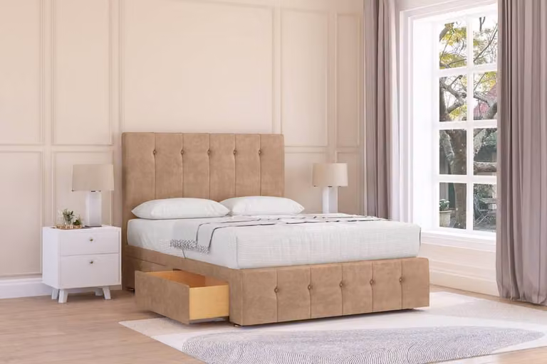Sloomy Cambridge Naples Small Single Divan Base with 2 Drawers, 26 inch Headboard and 12 inch Footboard in Light Sand Velvet