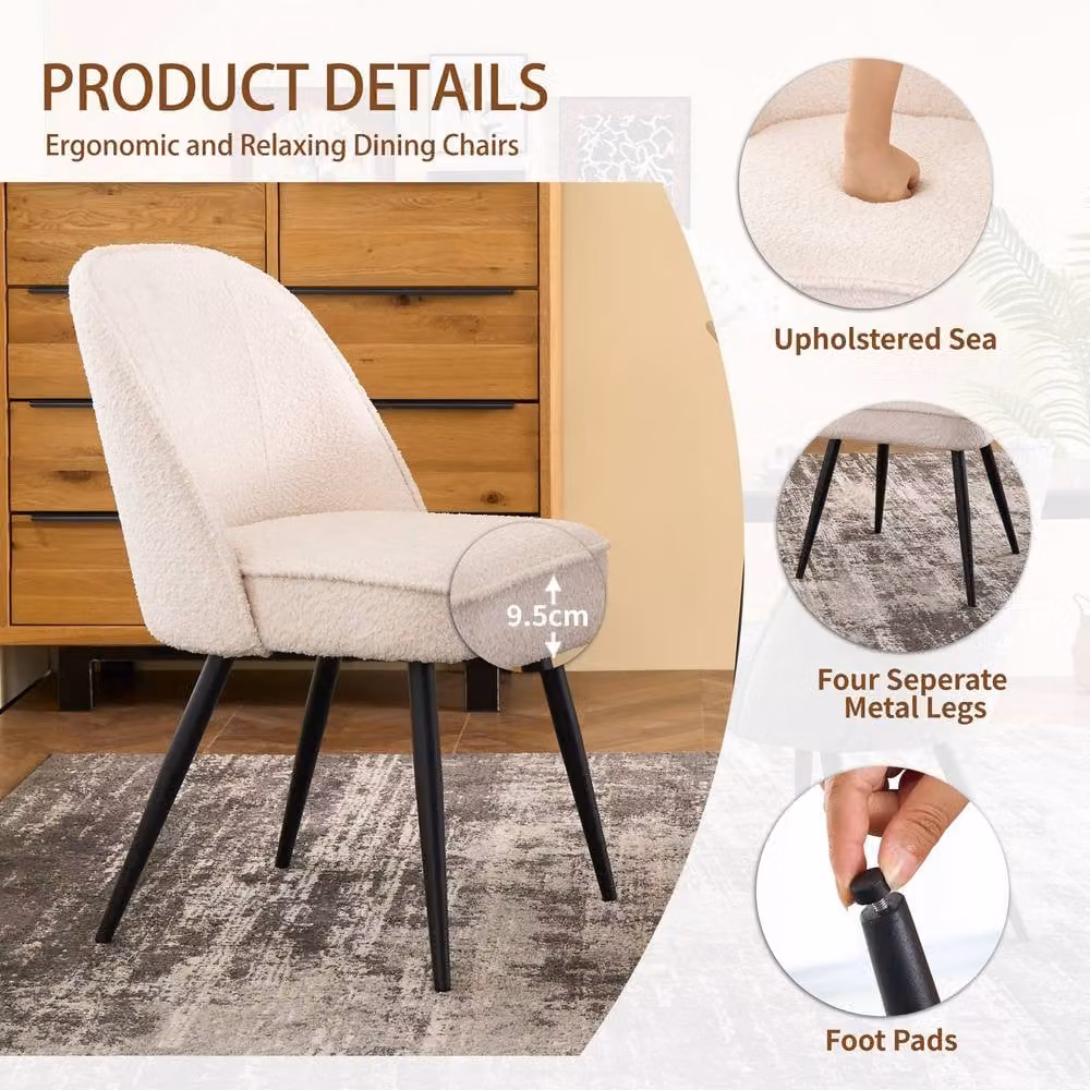 SONARA Set of 2 Modern Bouclé Fabric Dining Chairs with Metal Legs in White and Black – 4
