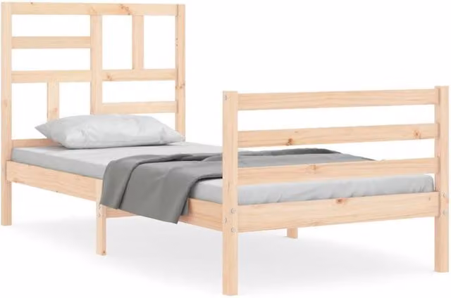 Berkfield Home Solid Wood Pine Bed Frame with Headboard in Beige, W/D/H: 100 x 200 cm