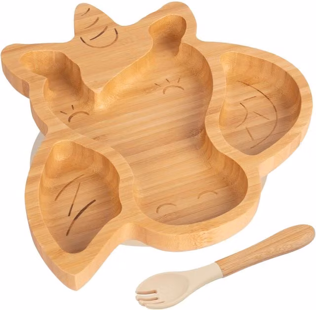 Tiny Dining Bamboo Unicorn Baby Weaning Plate and Fork Set in Beige and Yellow