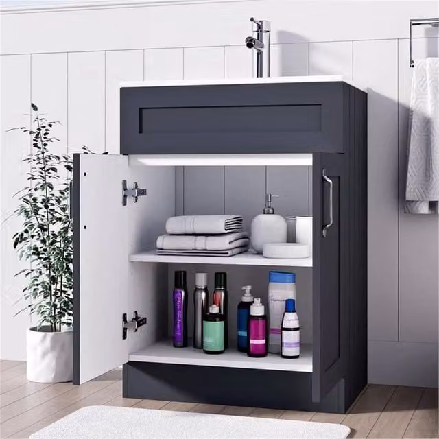 FORGEVIO Crawle Grey Modern Freestanding Bathroom Vanity Unit with Basin Cabinet and Internal Shelves – 1