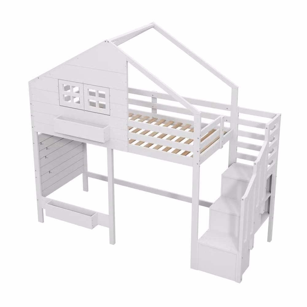 Merax White Wood Childrens House Bunk Bed with Storage Stairs and Side Compartments, Single Size, W/D/H: 190 x 90 x 120 cm – 3