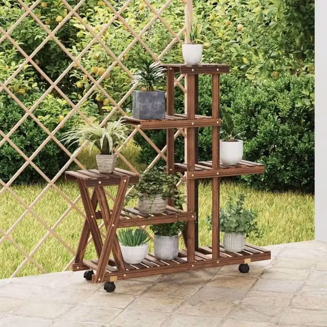 Berkfield Home Retro Wooden Flower Stand with Wheels in Brown, W/D/H: 95 x 25 x 101 cm – 1