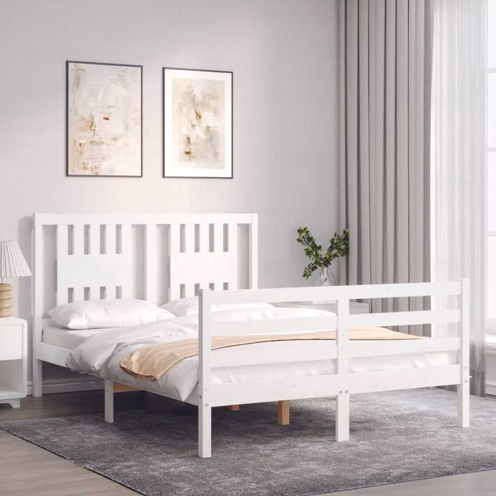 Berkfield Home Solid Wood Bed Frame with Headboard in White, W/D/H: 140 x 200 cm – 2