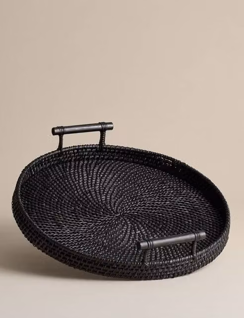 M&S Round Black Rattan Tray with Handles