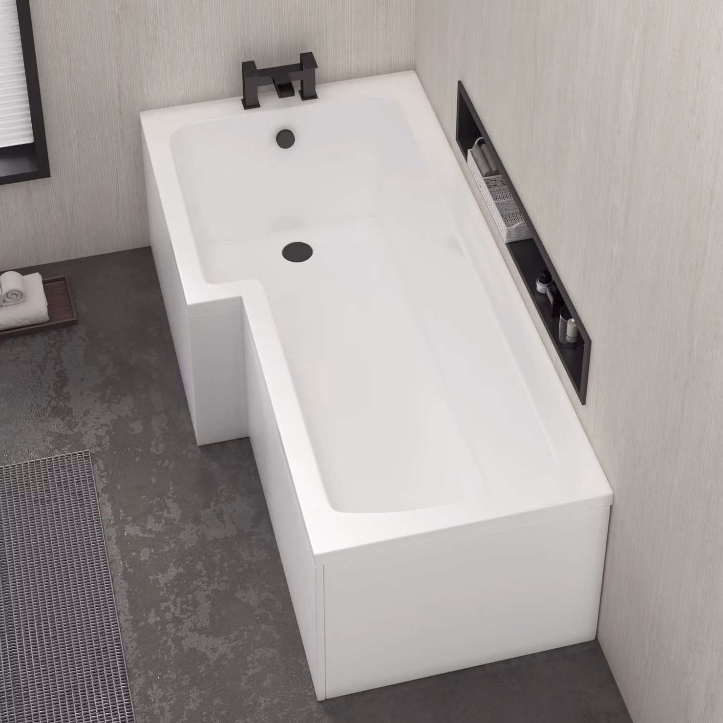 Qubix White Acrylic Left Hand Square Shower Bath with Leg Set W: 160 cm, D: 85 cm, H: 85 cm