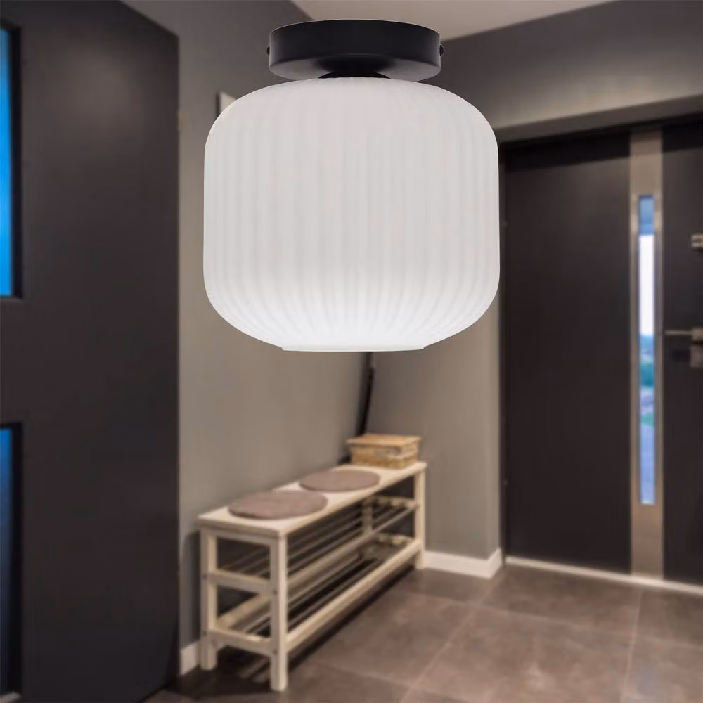 First Choice Lighting Bento Set of 2 Black and White Ribbed Glass Ceiling Light Fittings – 2