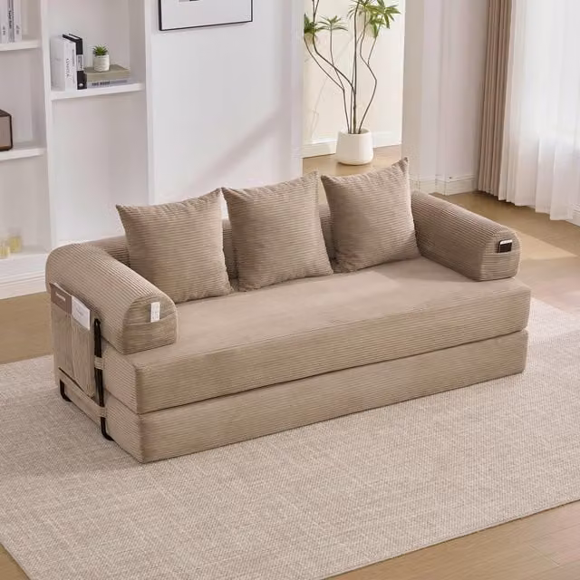 Aosom UK Cozy Compressible Folding Sofa with Detachable Metal Frame, Modular Sectional Couch, Beige, W: 110 cm, D: 33 cm, H: 33 cm
