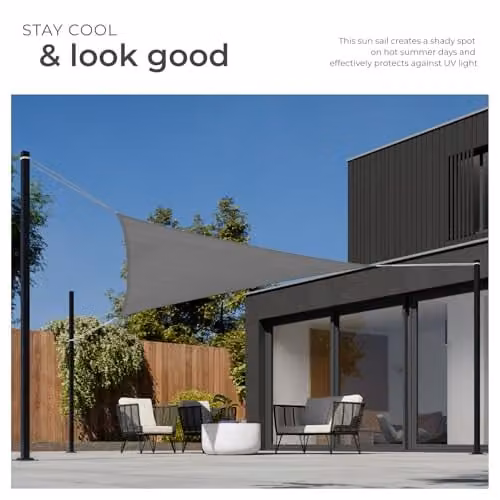 tectake Triangular Sun Shade Sail with UPF 50+ UV Protection, Grey HDPE Polyethylene Fabric, W/D/H: 3 x 3 x 3 m – 4