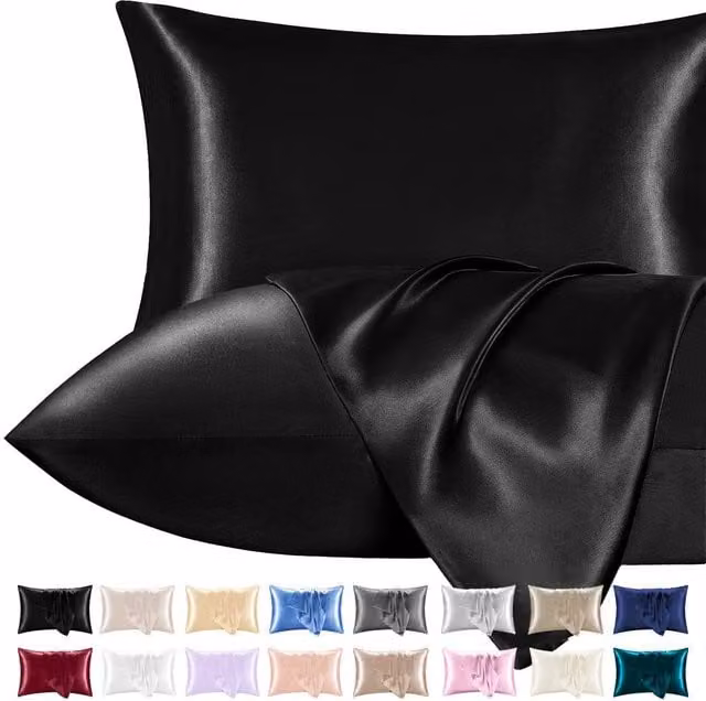 Pamposh Pack of 2 Ultra Soft Satin Silk Pillow Cases in Black, Standard Size