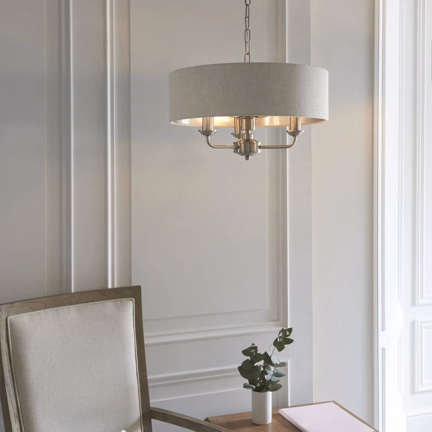 Loops Ceiling Pendant Light in Brushed Chrome and Beige Fabric with 3 x E14 Sockets – 2