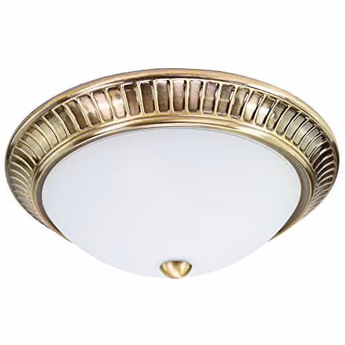 Happy Homewares Classic Brass and White Dome Flush Ceiling Light Fitting with Glass Diffuser, Diameter: 32 cm – 1