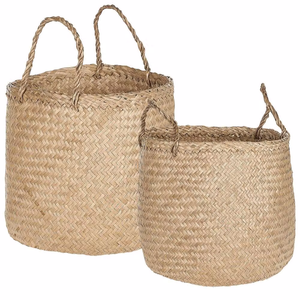 Wyld and Coco Set of 2 Handwoven Natural Seagrass Baskets in Beige and Sand with Handles – 2