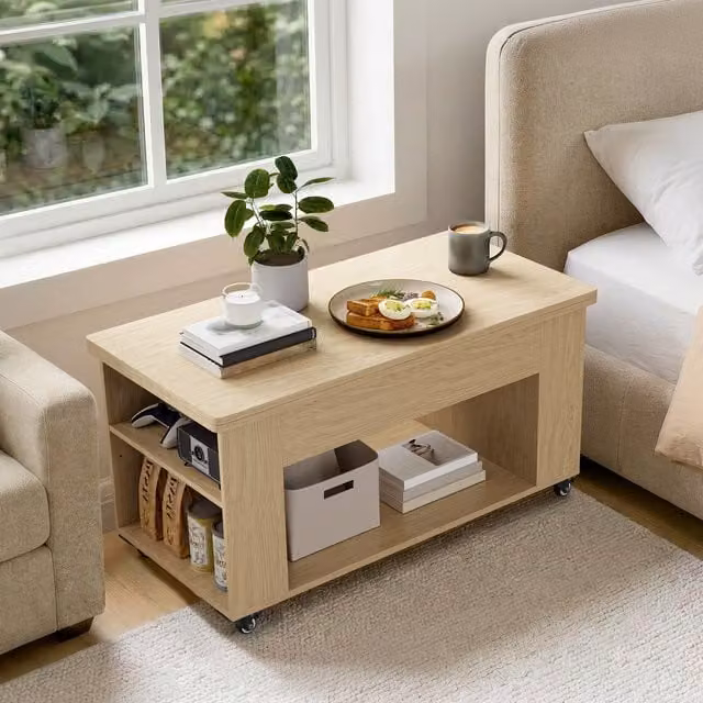 Yaheetech Expandable Rolling Coffee Table with Hidden Storage in Oak