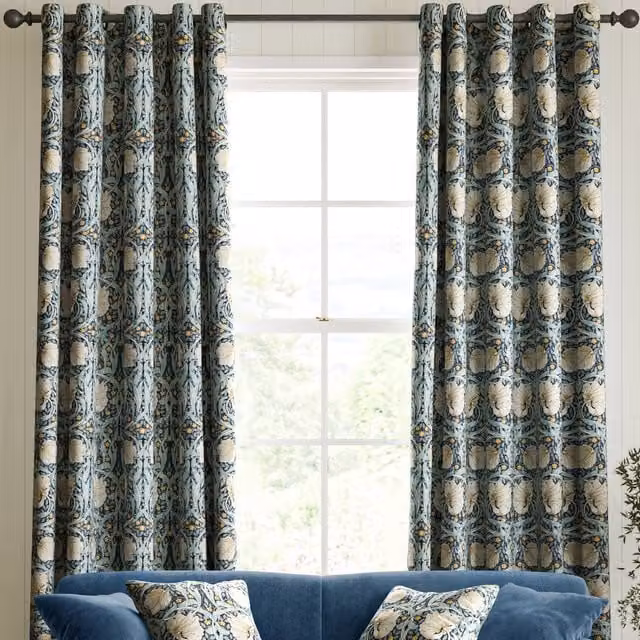 William Morris at Home Pimpernel Blue Floral Velvet Blackout Made to Measure Eyelet Curtains