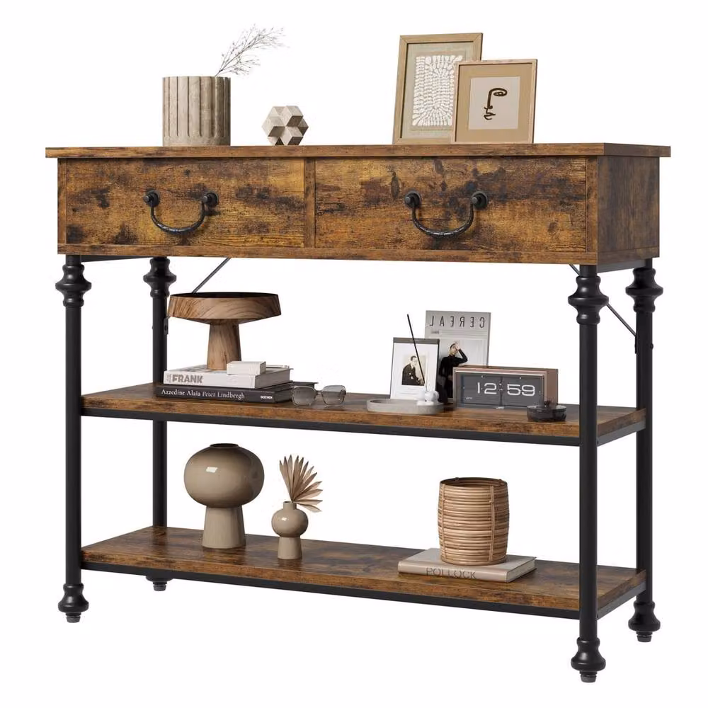 VOGREX Vintage Brown Wood Console Table with Drawers – 3