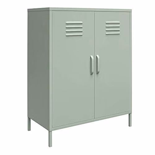 Mission District Modern Green Lacquered Storage Cabinet with 2 Hinged Doors, W/D/H: 80 x 40 x 102 cm