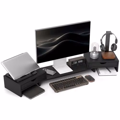 HOMCOM Dual Monitor Stand Riser with 2 Drawers for Laptop, Black – 1