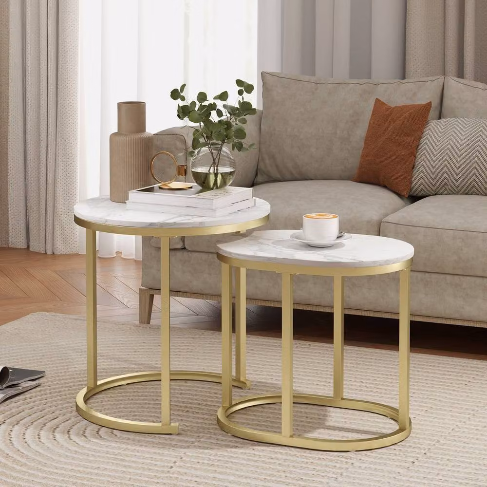 KORVIXA Set of 2 Modern Round White Glossy Coffee Tables with Nested Tops – 3