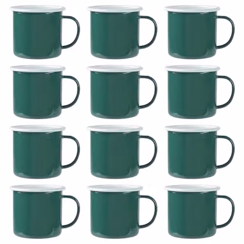 Argon Tableware Enamel Mugs, Green, Set of 12, 375ml