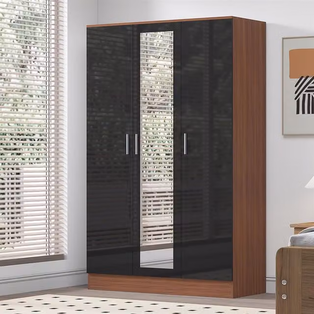 Reflect 3 Door Mirrored Wardrobe in Black Gloss and Walnut, H 180 x W 113 x D 47 cm – 1