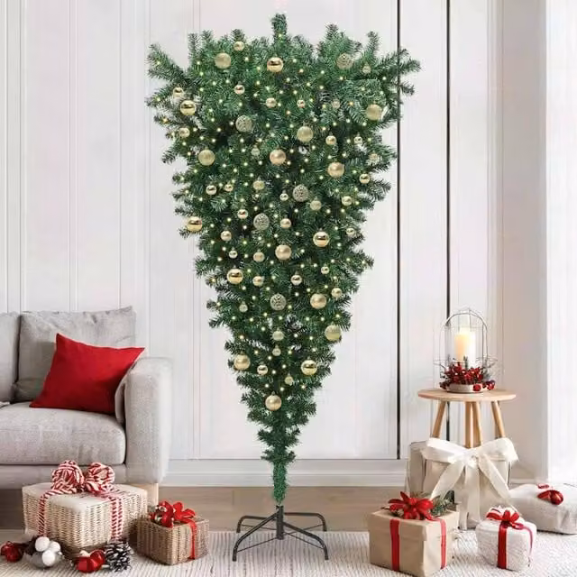 Berkfield Home Upside-down Artificial Pre-lit Tabletop Christmas Tree with Ball Set in Green and Black