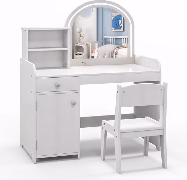 Gymax Vanity Table and Chair Set with Shelves and LED Light, White – 1