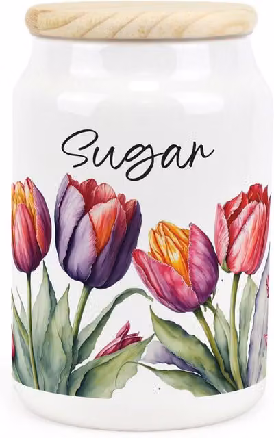 Purely Home Tulips Floral Ceramic Sugar Storage Canister in Purple and White