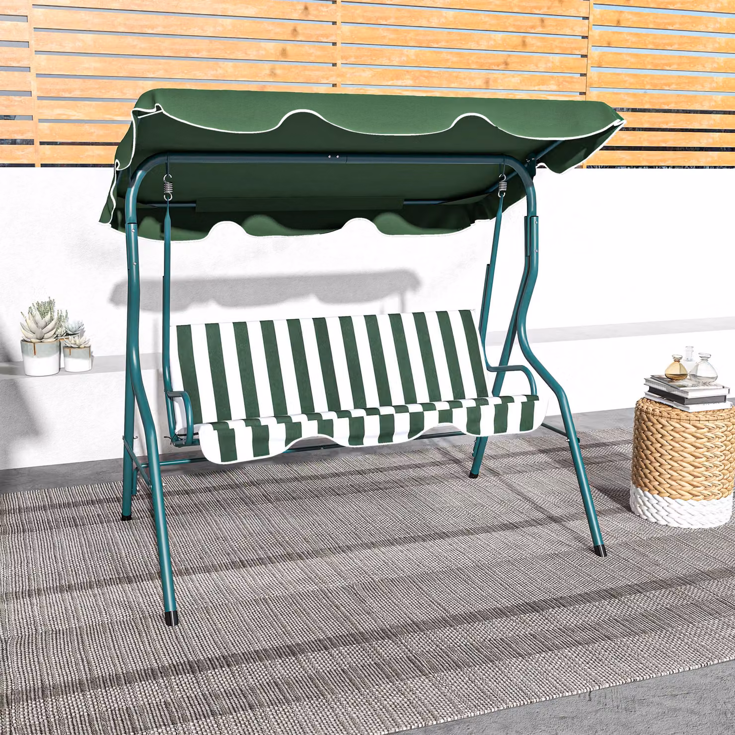 Outsunny 3 Seater Waterproof Garden Swing Seat with Adjustable Canopy and Metal Frame, Green Stripes – 7