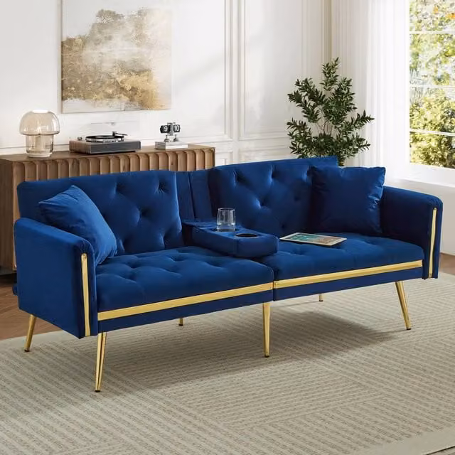 Merax Blue Velvet Sofa Bed with Gold Trim and Fold-Down Cup Holders, W: 174 cm, H: 76 cm, D: 71.5 cm
