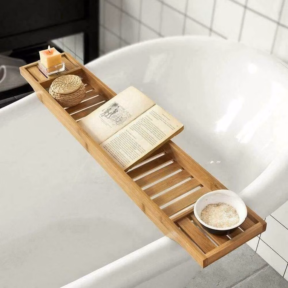 PAWNORA Bamboo and Glass Freestanding Bathroom Shelf Tidy Tray Storage in Sand and Brown – 3