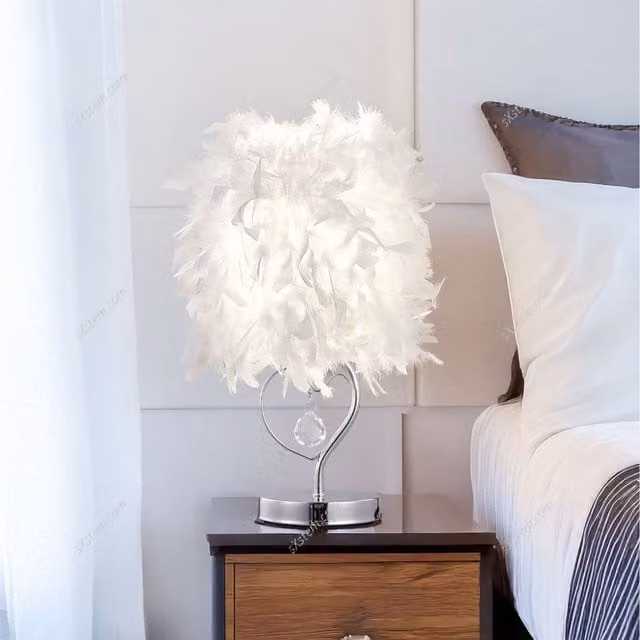 Livingandhome White Goose Feather Bedroom Table Lamp with Crystal and Chrome Metal Details