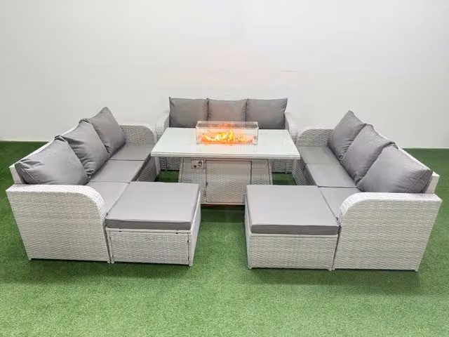 Fimous 11 Seater PE Rattan Outdoor Garden Furniture Set in Light Grey with Firepit Dining Table, 3 Seater Sofa and 2 Large Footstools