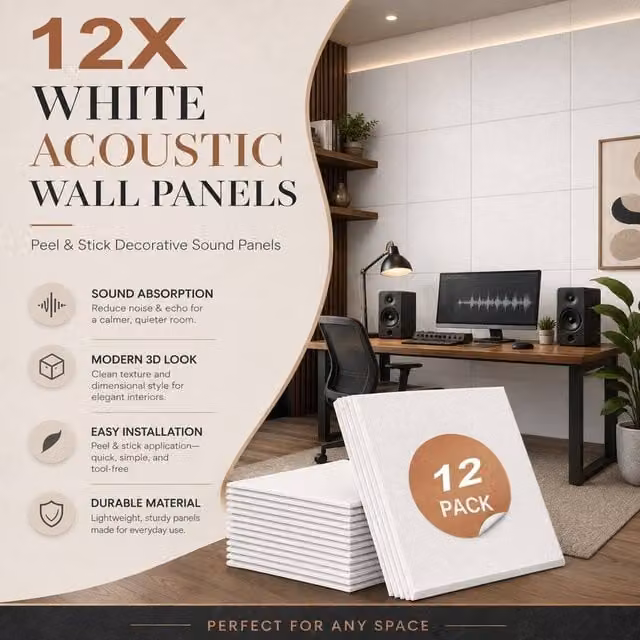 ATEK 12 Pack Self-adhesive Square Acoustic Sound Proofing Felt Wall Panels in White – 1