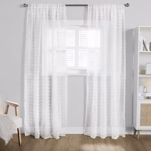 OHS White Transparent Voile Net Curtain Pair with Tufted Pompom Detail, W/D/H: 140 x 220 cm