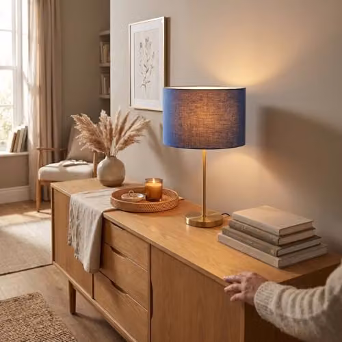 Happy Homewares English Manor Blue Textured Linen Fabric Circular Lamp Shade, W: 30 cm, H: 20 cm – 3