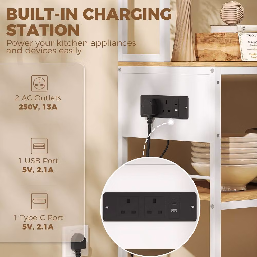 HOMCOM Kitchen Storage Rack with Power Outlet, USB and Type-C Ports, Drawer, Shelves and 4 Hooks, Oak and White – 3