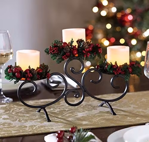 mysmartbuy Festive Floral Metal Tabletop Candle Holder with LED Taper Candles and Multicolour Berries, H: 32.5 cm x W: 15.5 cm x D: 12.5 cm – 1