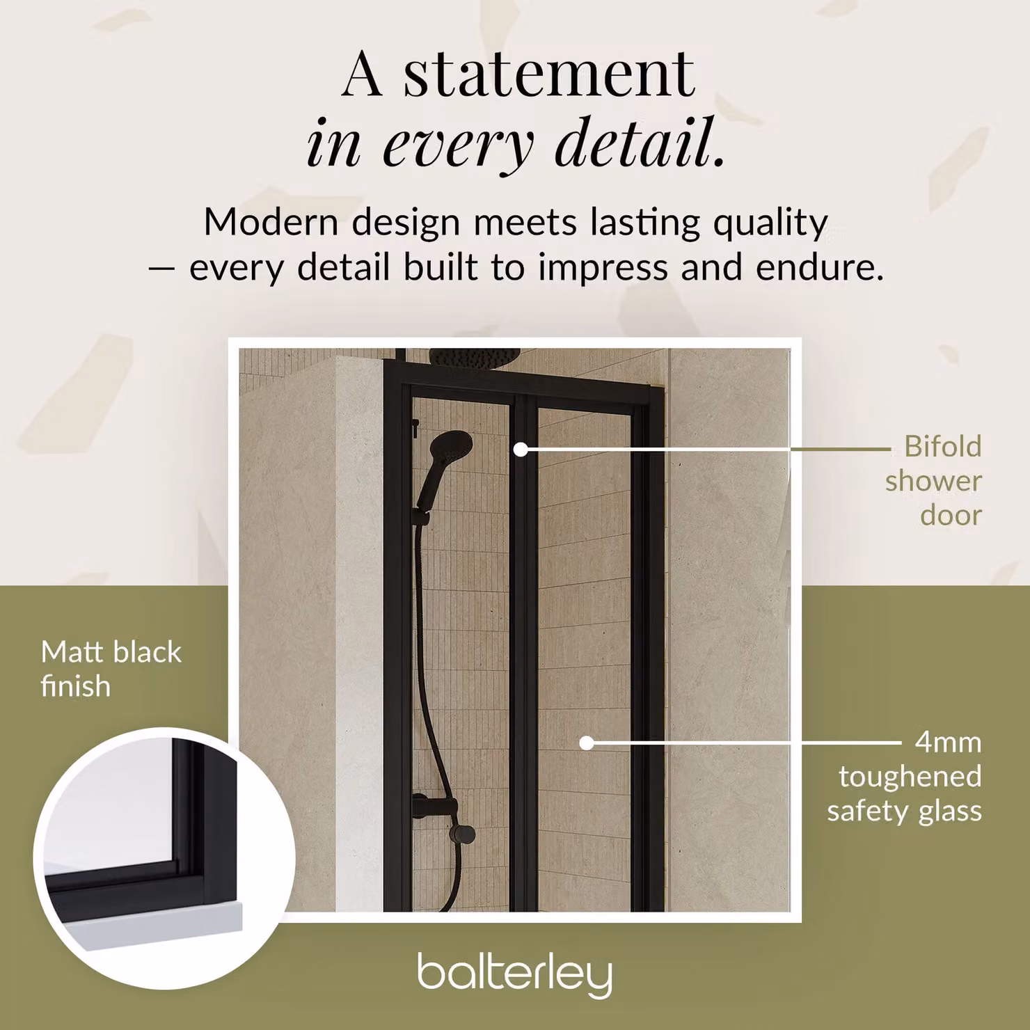 Balterley 4mm Toughened Safety Glass Bi-Fold Shower Door, Black, W: 700 mm, H: 1900 mm – 4