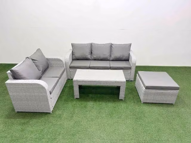 Fimous 6 Seater Grey PE Rattan Wicker Garden Furniture Set with 3 Seater Sofa, Love Sofa, Big Footstool and Oblong Coffee Table