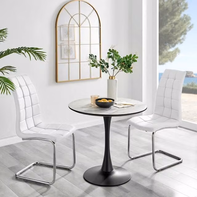 FurnitureboxUK Elina Round White Marble Effect Dining Table and 2 Murano Faux Leather Chairs in White and Black – 1