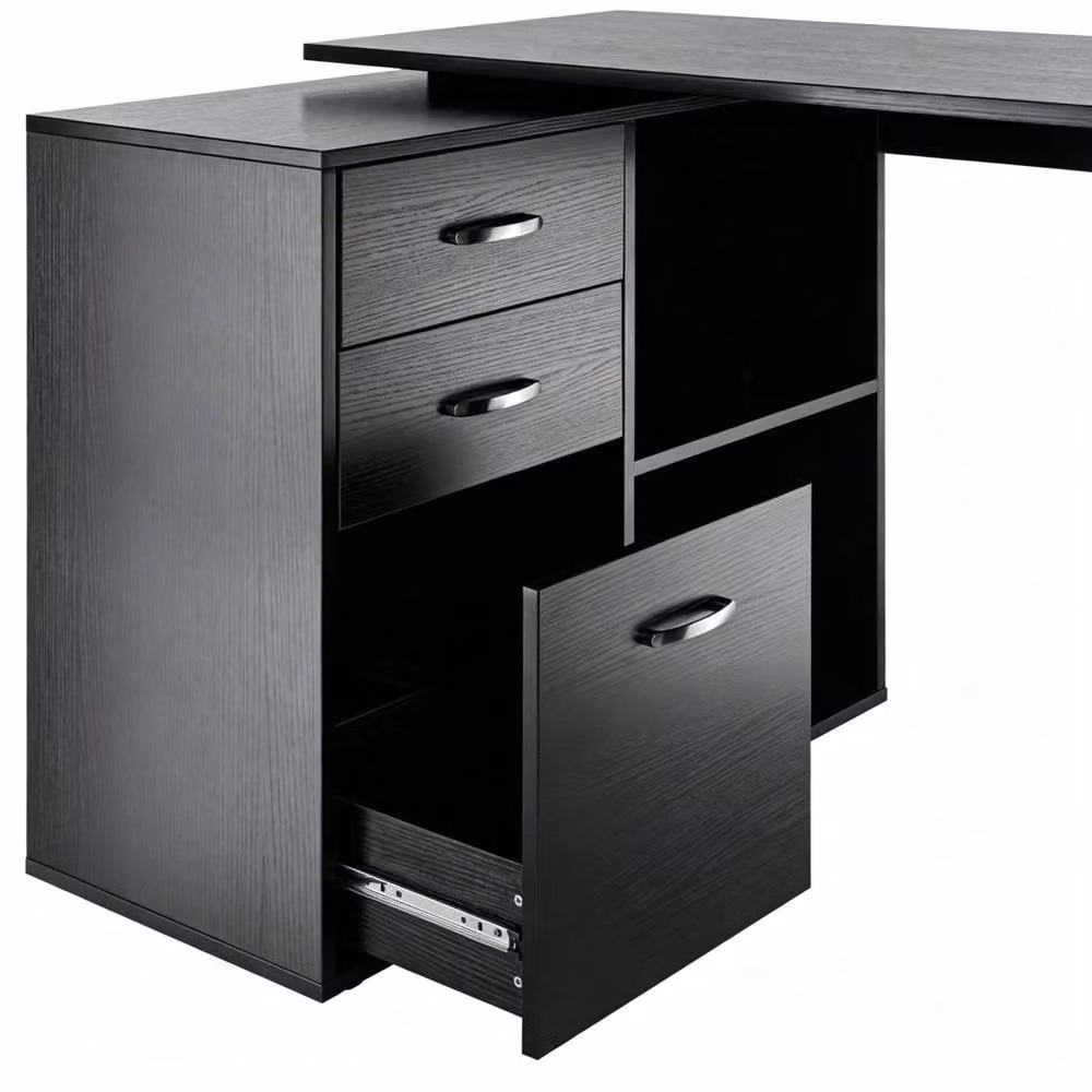 STILVORA L-Shaped Corner Desk with Drawers, Cabinet and Shelves in Black Matt MDF – 9
