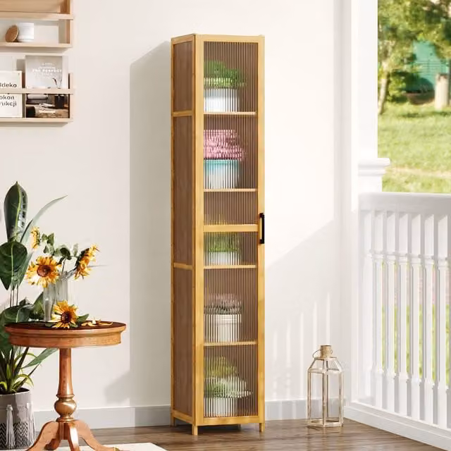 Livingandhome Modern Narrow Bookcase Storage Unit with Transparent Glass Doors in Brown and Wood