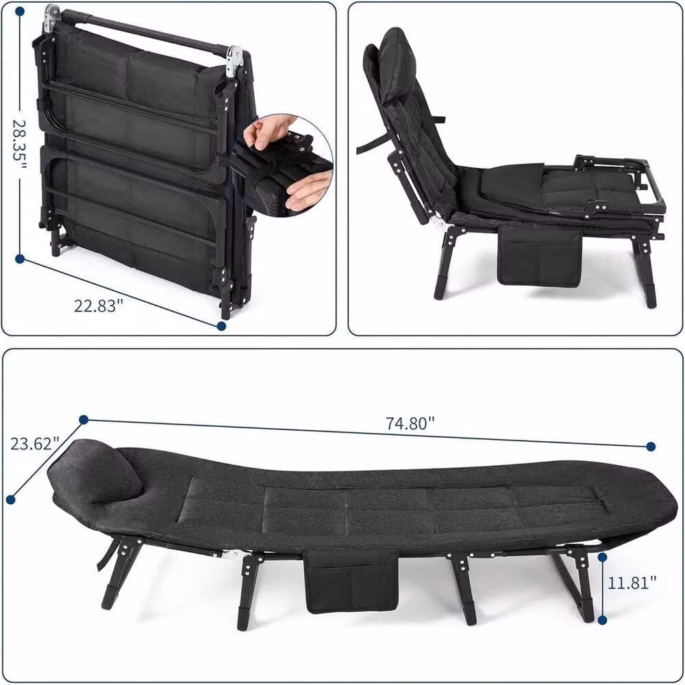 VOGREX Portable Folding Camping Cot for Adults with Cushion Pillow and Bedside Shelf in Black – 2