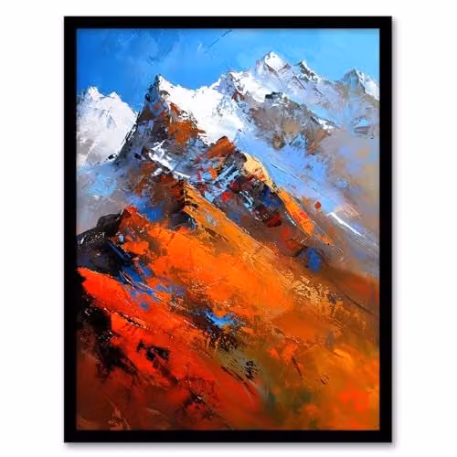 Artery8 Himalayan Mountain Range Palette Knife Abstract Landscape Framed Wall Art Print, W/H: 21.0 x 29.7 cm