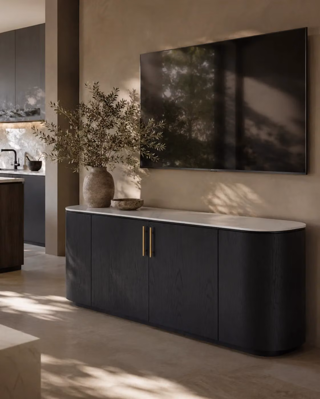 Tommy Franks Oakura Buffet in Black and White with Oak and Ceramic Details, W: 200 cm, D: 45 cm, H: 75 cm