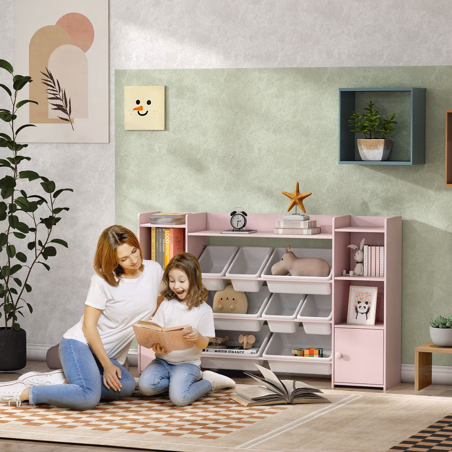 AIYAPLAY Kids Toy Organiser and Bookshelf with 8 Removable Storage Bins, Pink, H 90.0 cm x W 140.0 cm x D 25.0 cm – 2