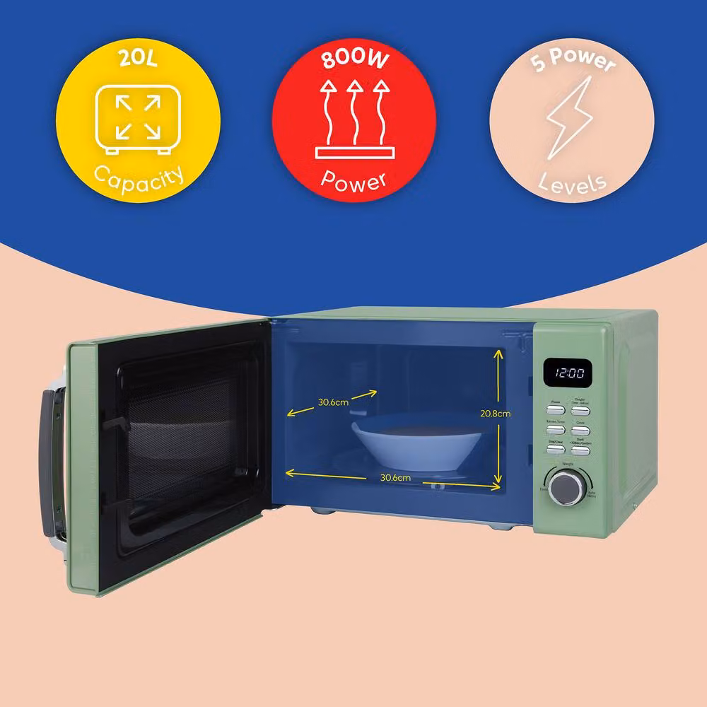Russell Hobbs RHM2026 Digital Solo Microwave, 20L, 800W, Light Green – 6