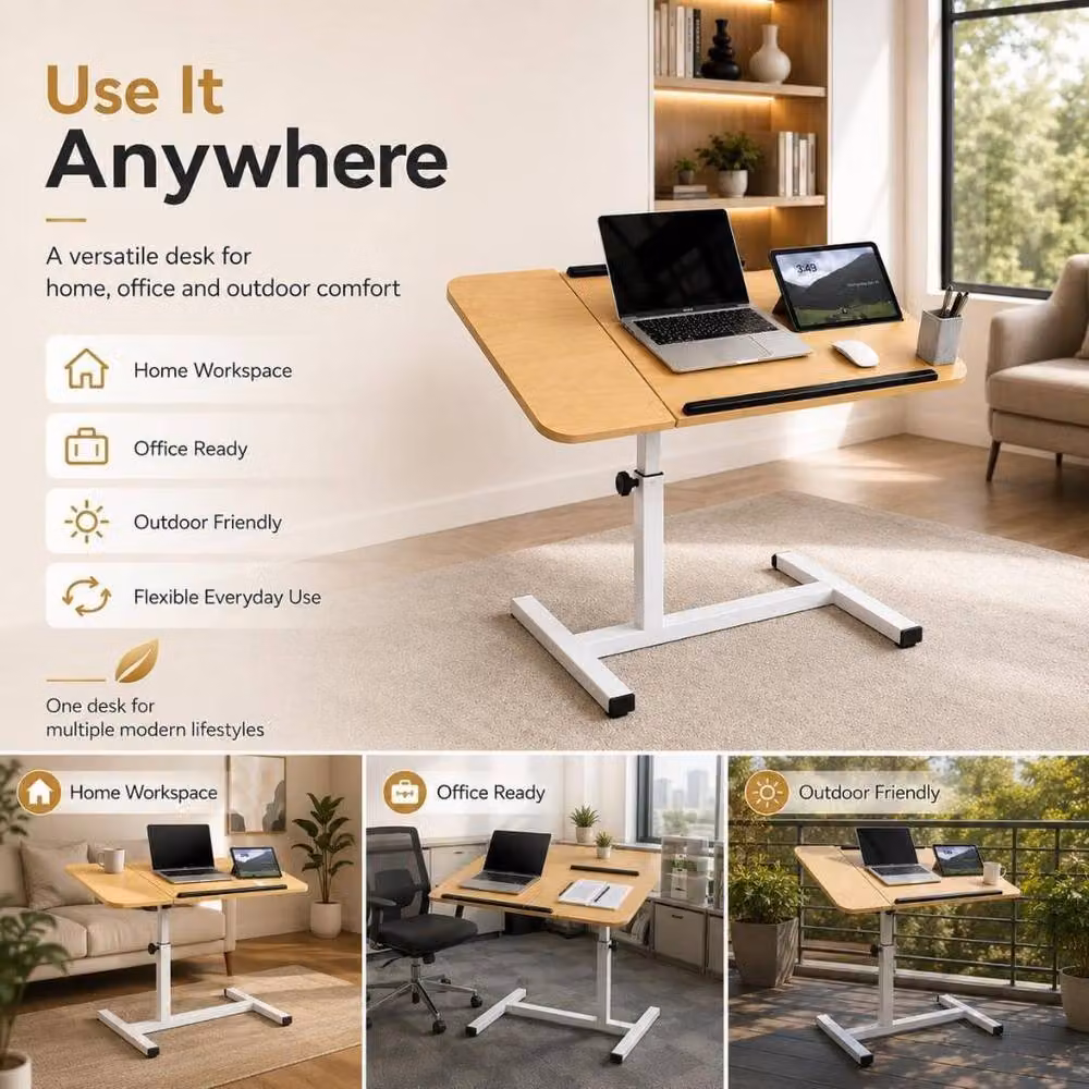 MANTRARAJ Adjustable Height Office Desk with Moveable Top and Castors in Beige – 2